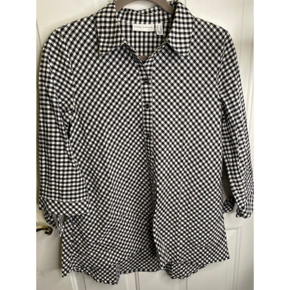 Susan Graver Regular Yarn Dyed Woven Button Front Shirt Black Check - Picture 4 of 5